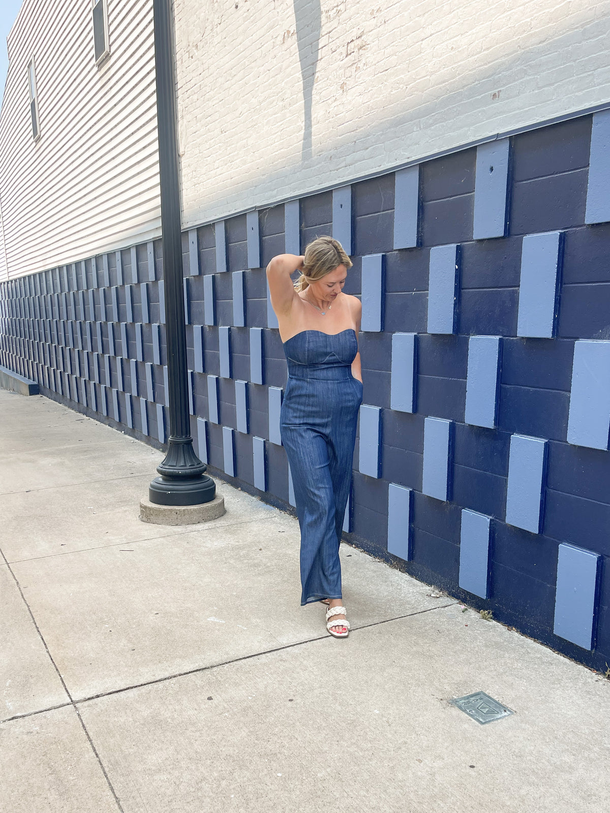 Strapless Denim Wide Leg Jumpsuit