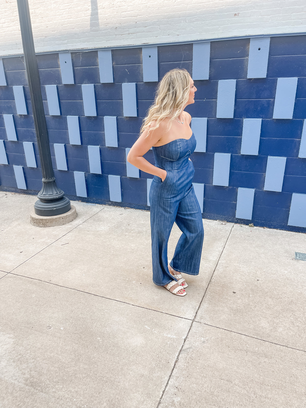 Strapless Denim Wide Leg Jumpsuit