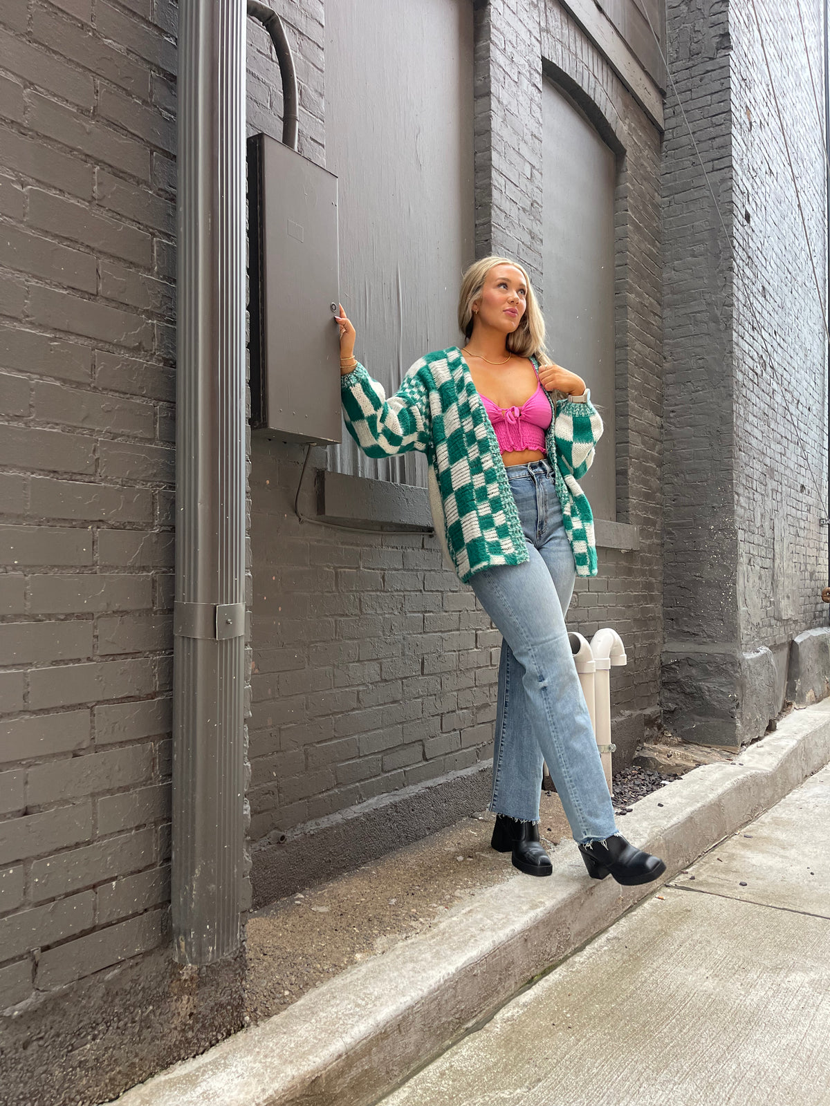 Teal Oversized Checkered Cardigan