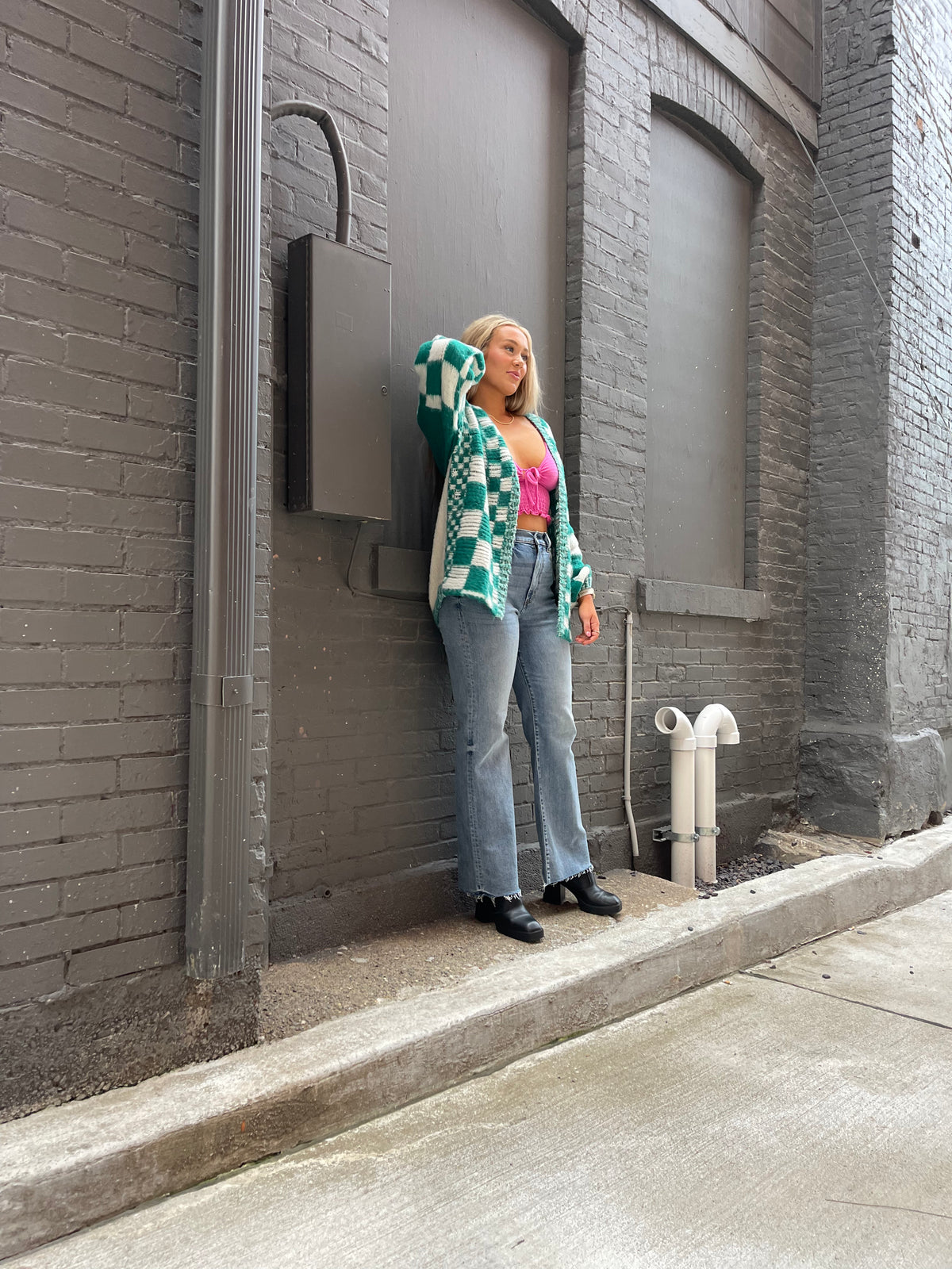 Teal Oversized Checkered Cardigan