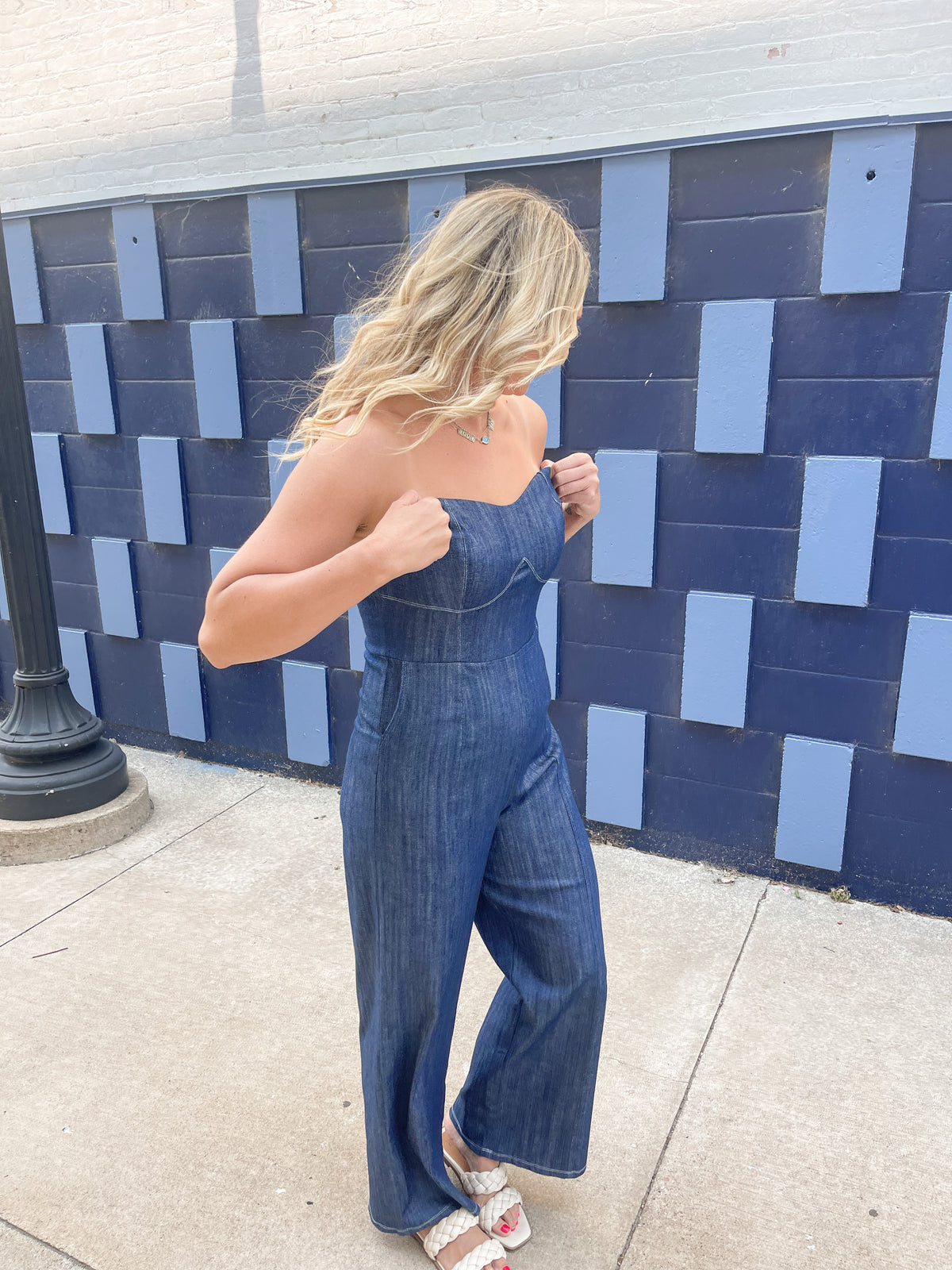 Strapless Denim Wide Leg Jumpsuit