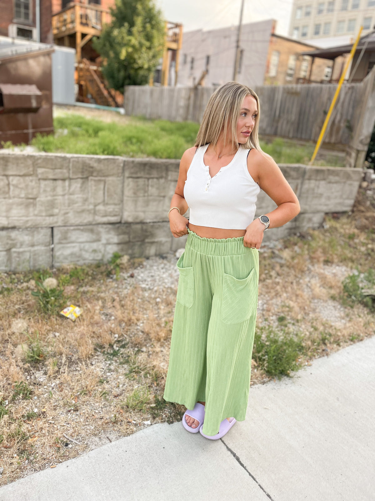 Green Cropped Wide Leg Pants