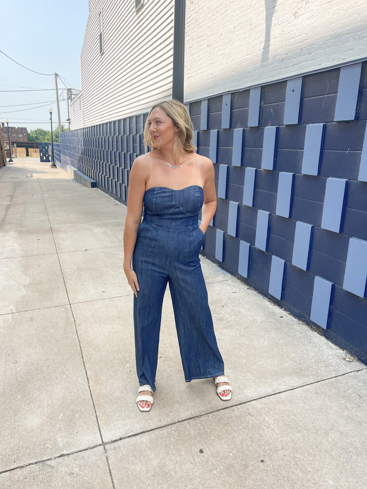 Strapless Denim Wide Leg Jumpsuit