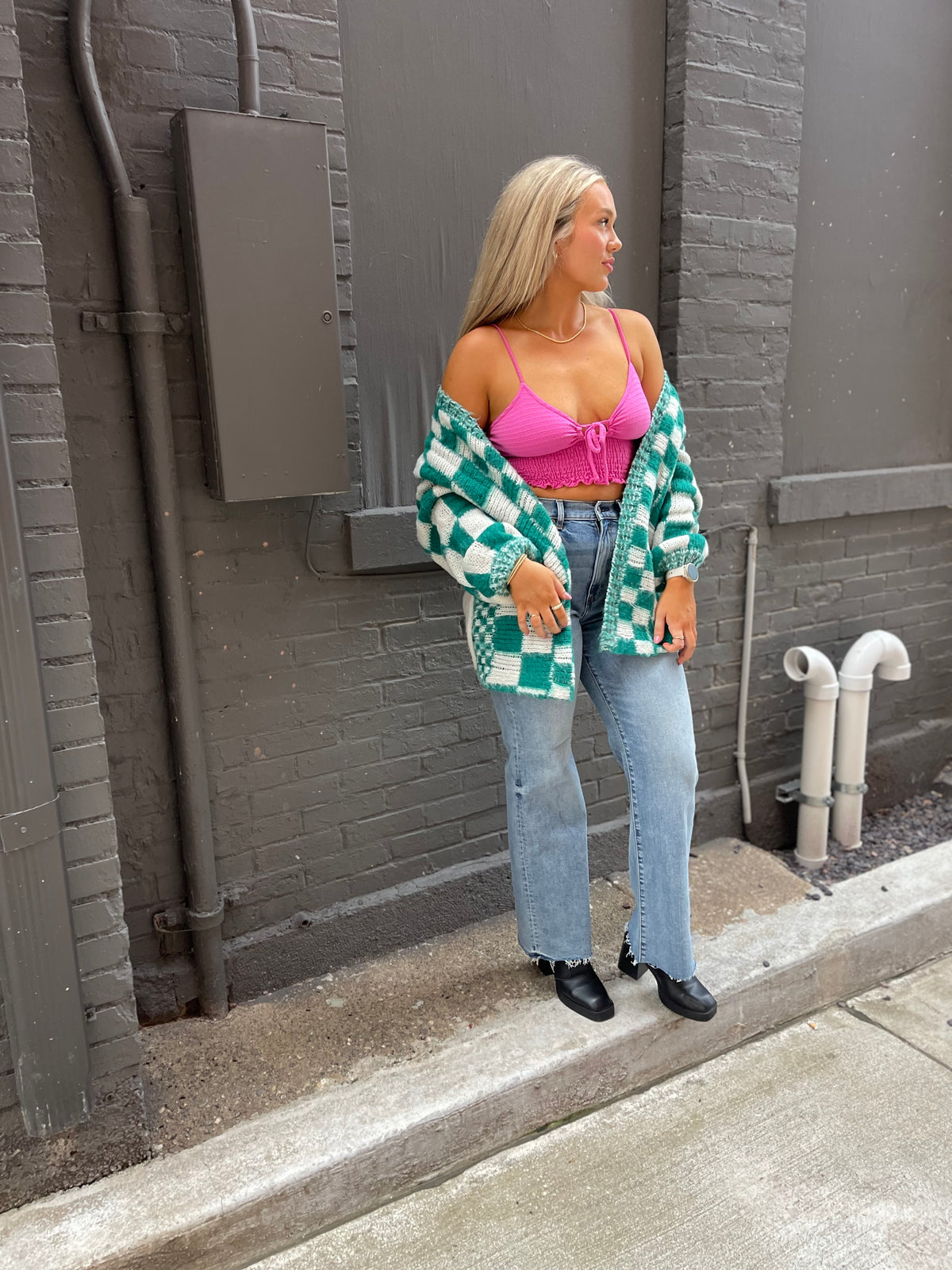 Teal Oversized Checkered Cardigan
