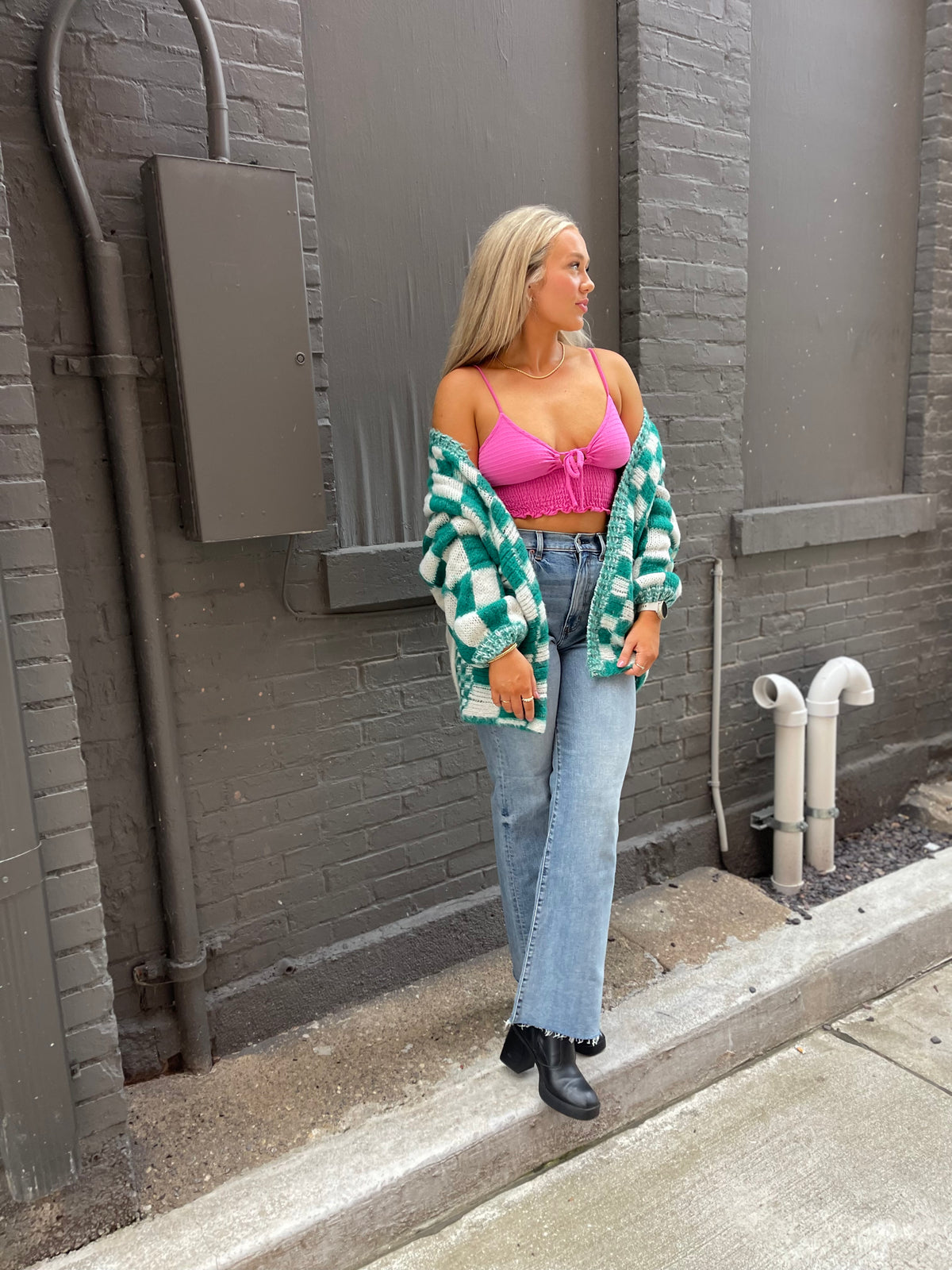 Teal Oversized Checkered Cardigan