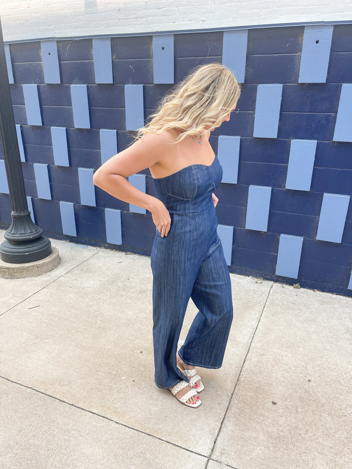 Strapless Denim Wide Leg Jumpsuit