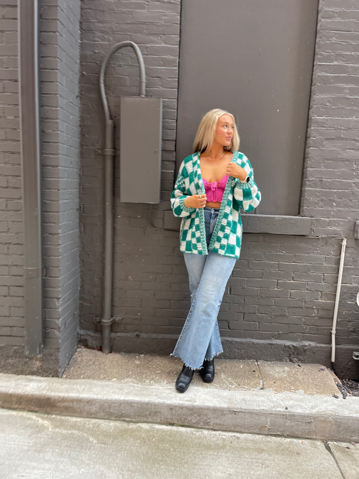 Teal Oversized Checkered Cardigan
