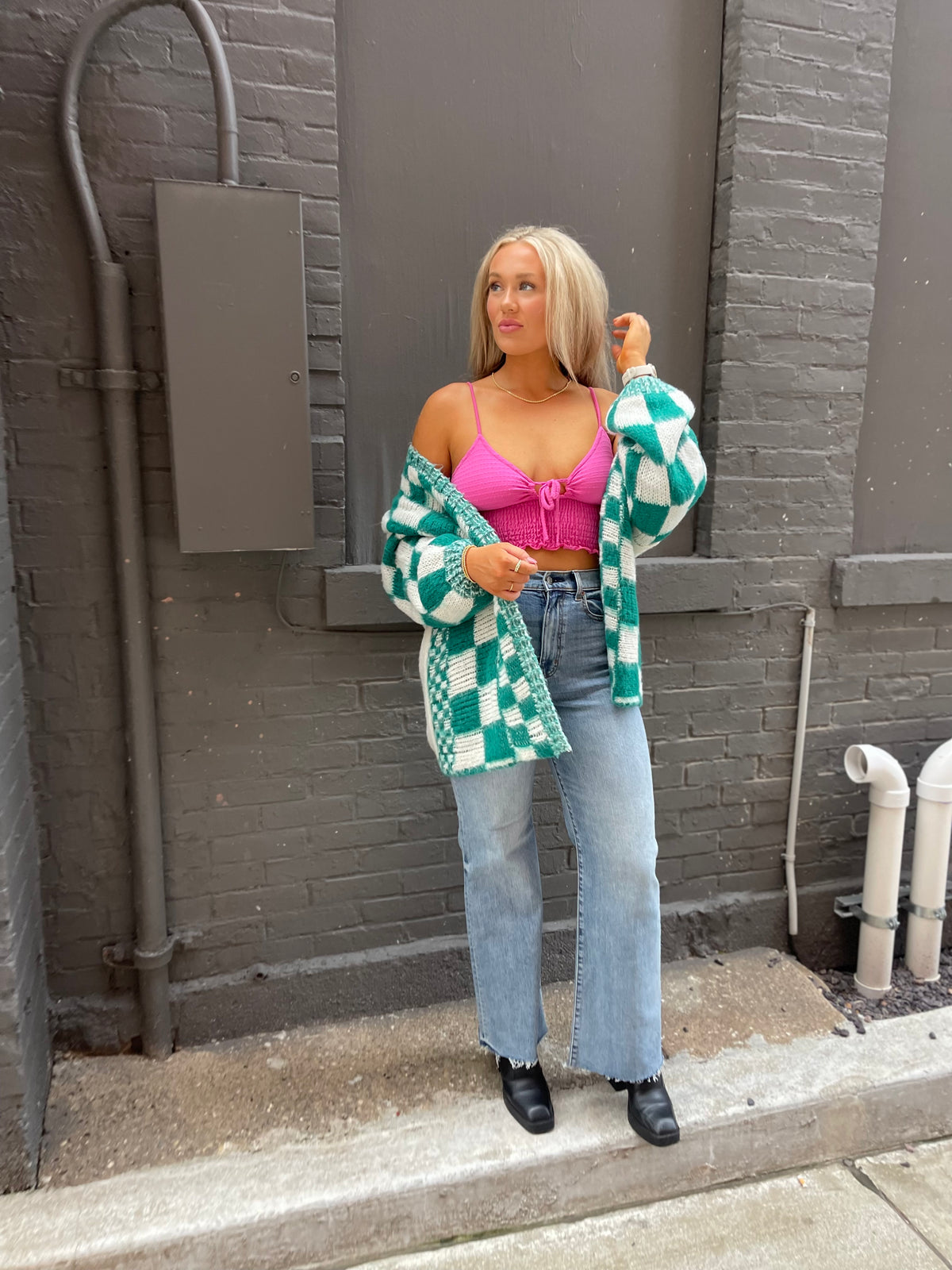 Teal Oversized Checkered Cardigan