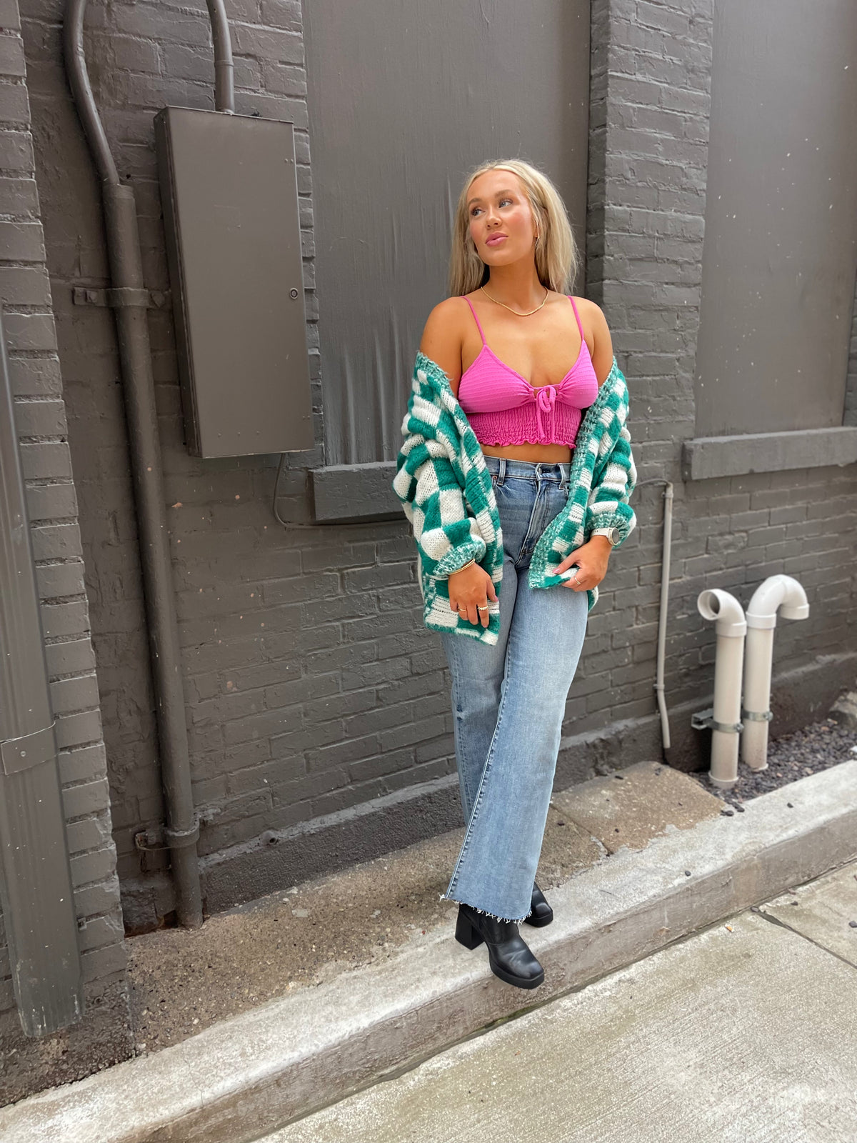 Teal Oversized Checkered Cardigan