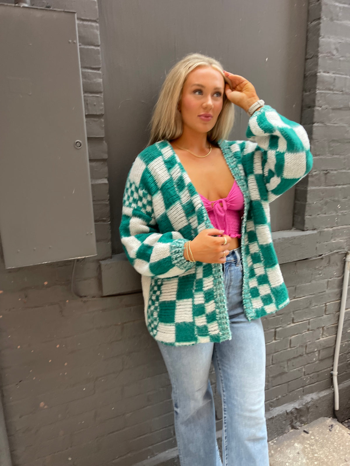 Teal Oversized Checkered Cardigan