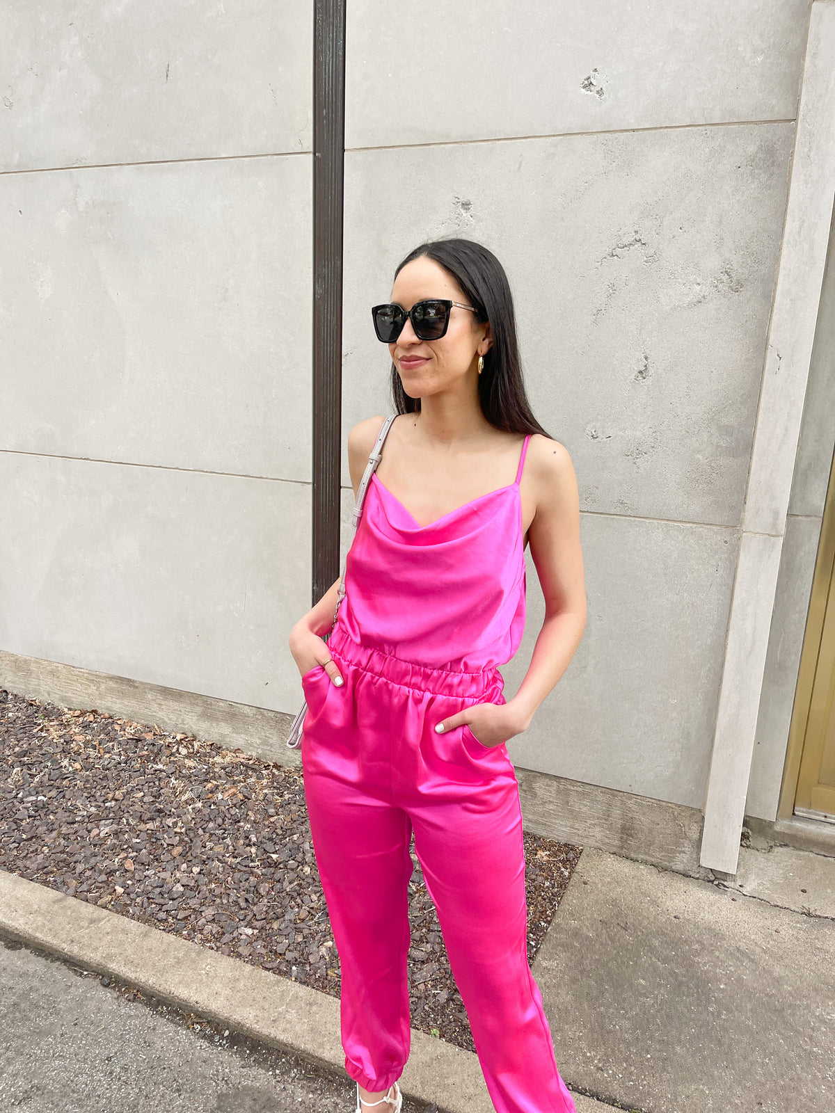 Hyper Pink Satin Jumpsuit
