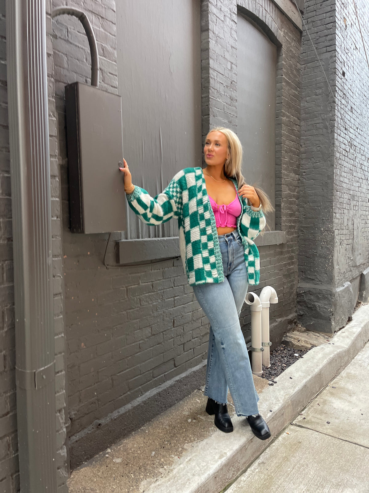 Teal Oversized Checkered Cardigan