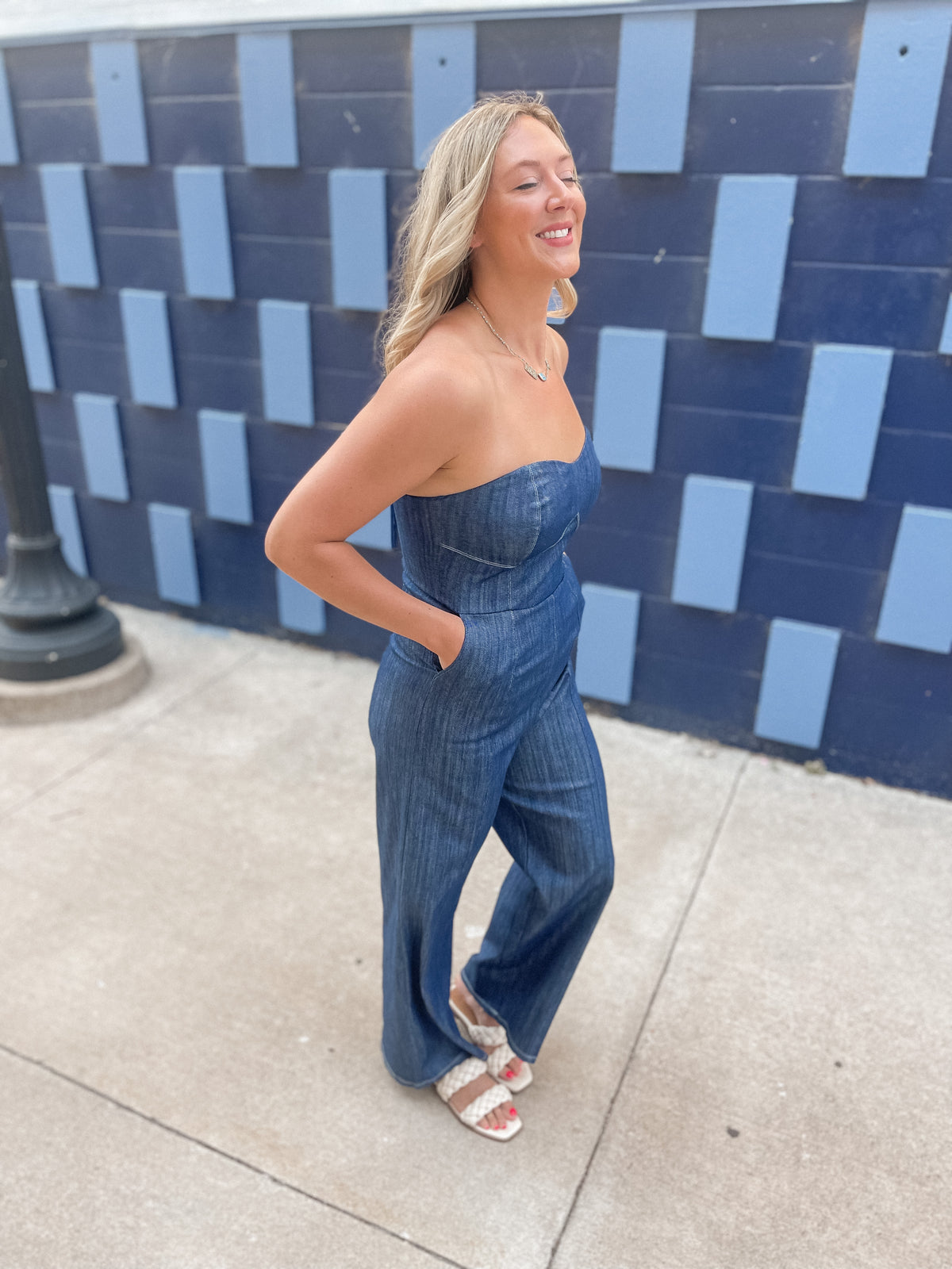 Strapless Denim Wide Leg Jumpsuit