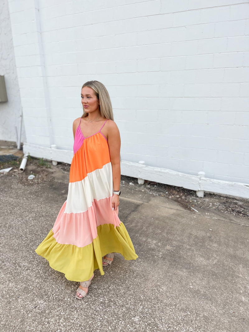 Color Blocked Strappy Maxi Dress