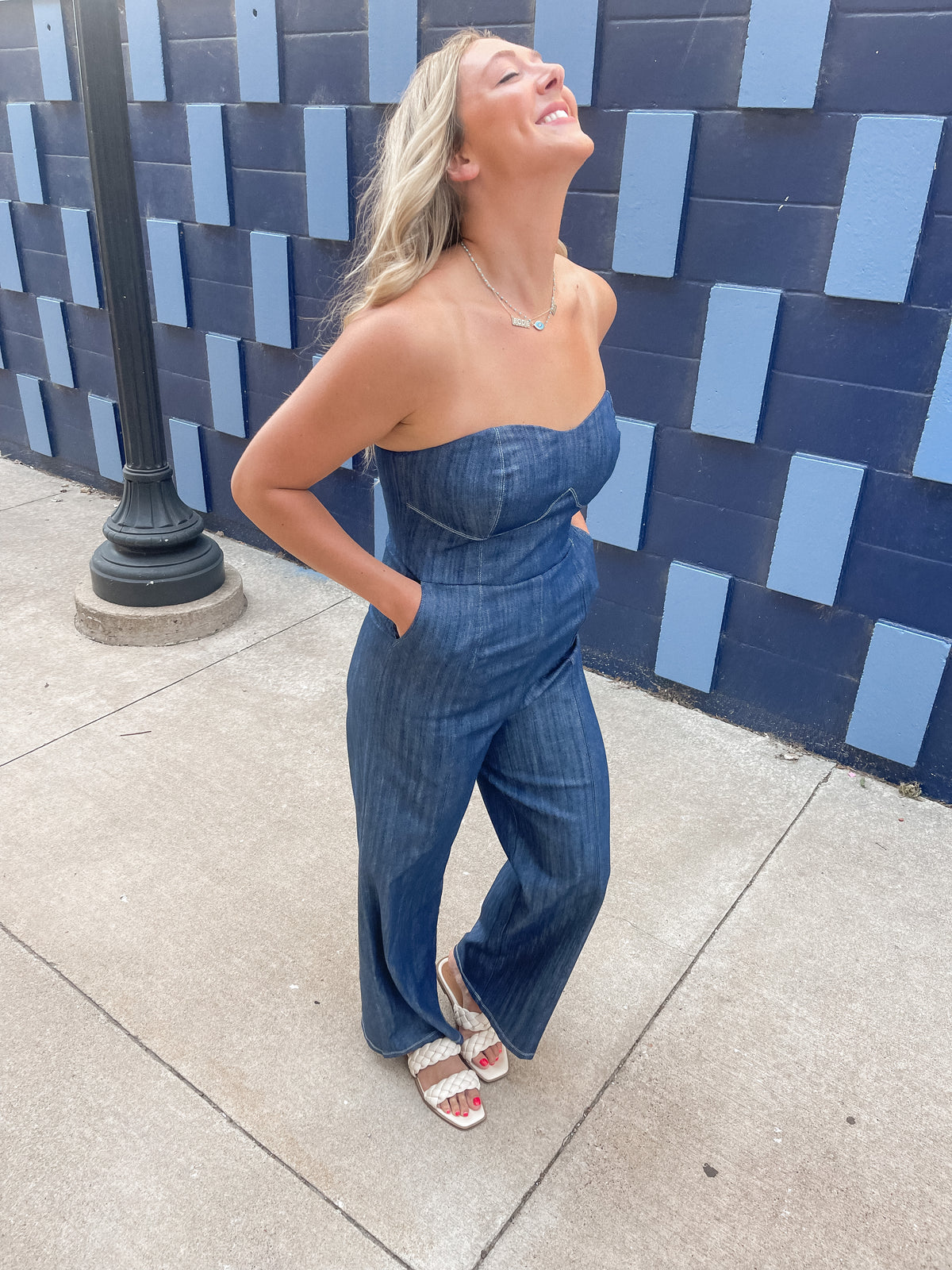 Strapless Denim Wide Leg Jumpsuit