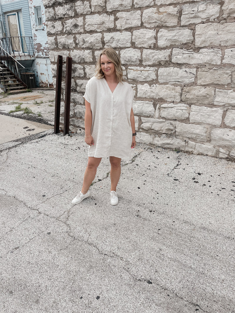 Greige Boxy Linen Short Sleeve Dress
