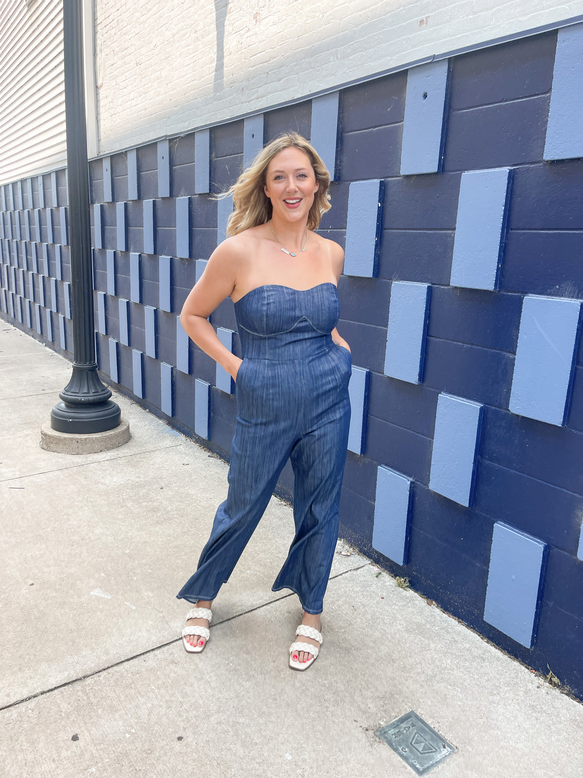 Strapless Denim Wide Leg Jumpsuit