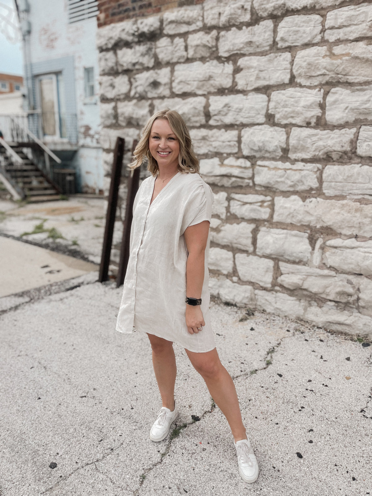 Greige Boxy Linen Short Sleeve Dress Small Greige Boxy Linen Short Sleeve Dress Small