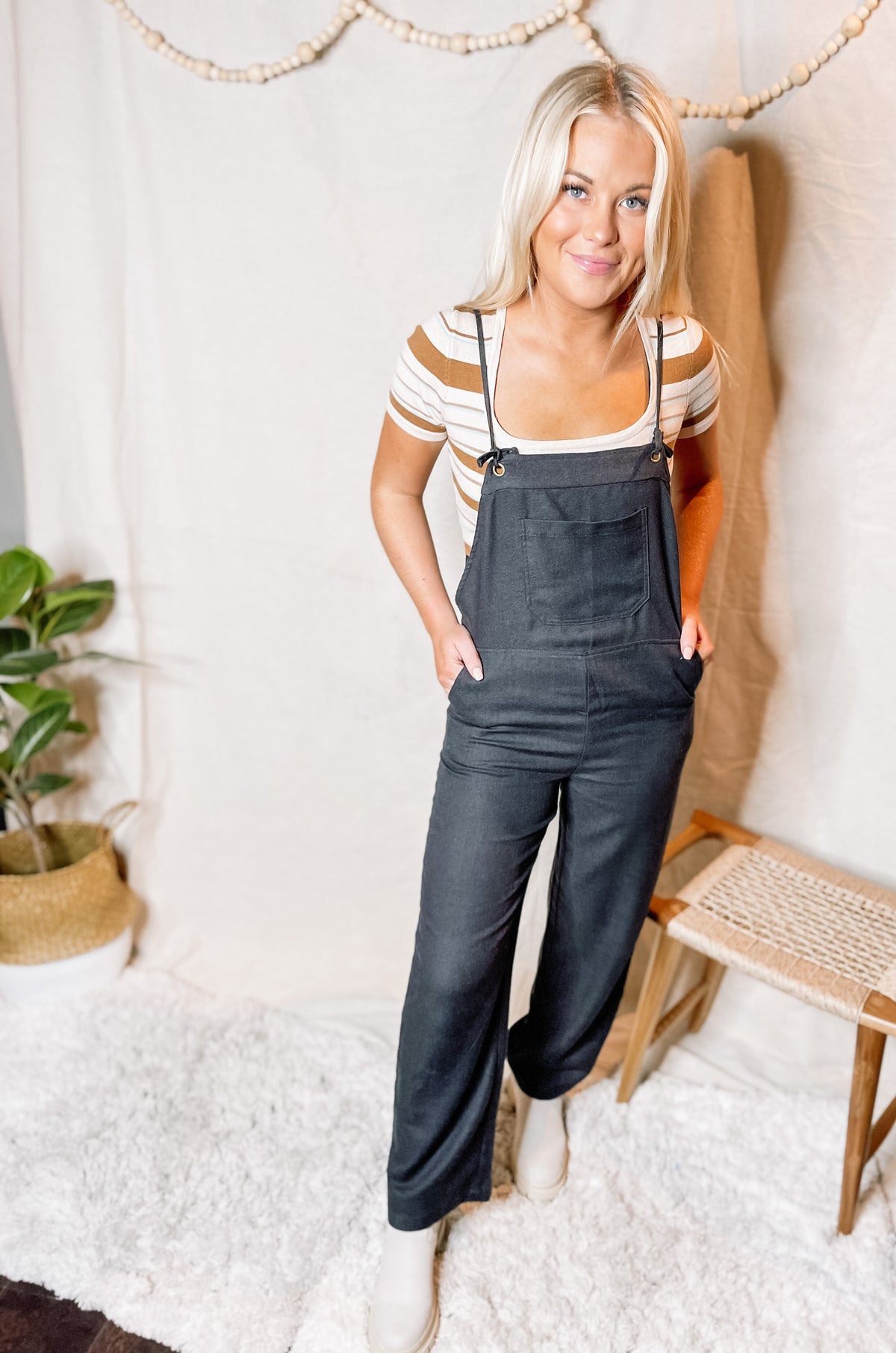 Black Woven Thin Strap Overalls