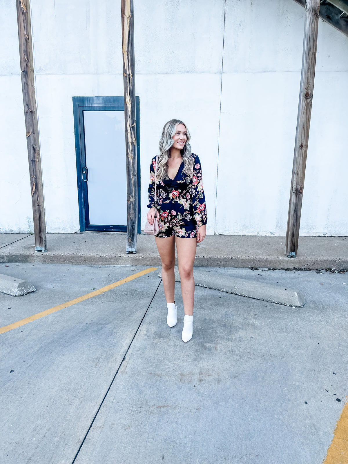 Deep V Long Sleeve Floral Romper