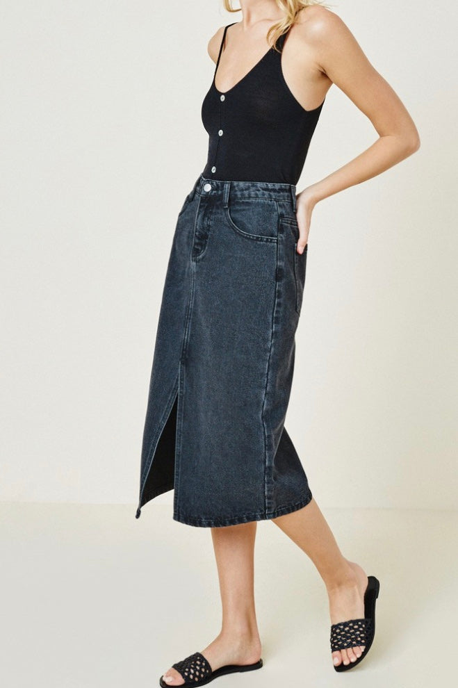 Denim Midi Pencil Skirt - Black