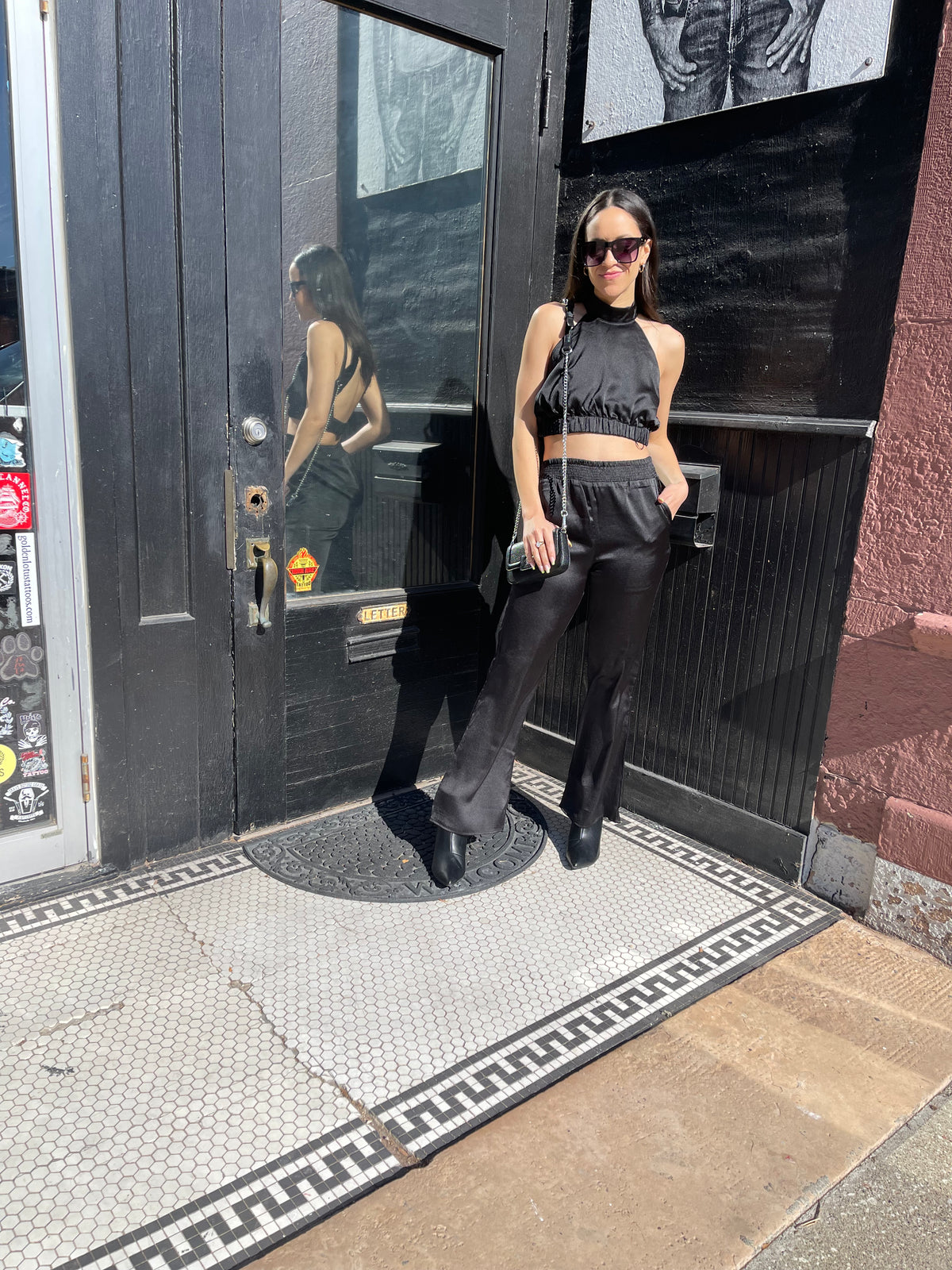 Black Satin Open Back Halter Top