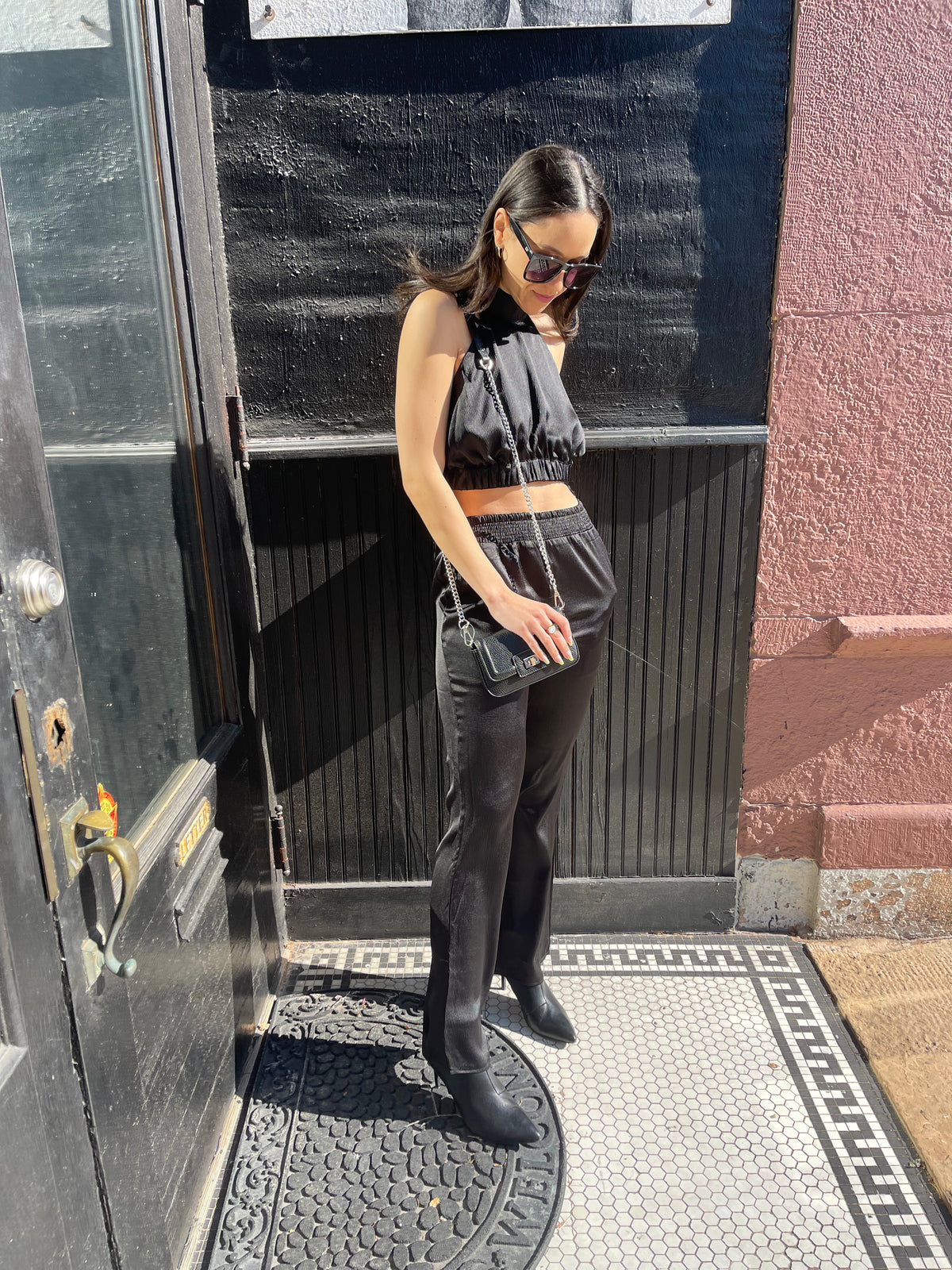 Black Satin Open Back Halter Top