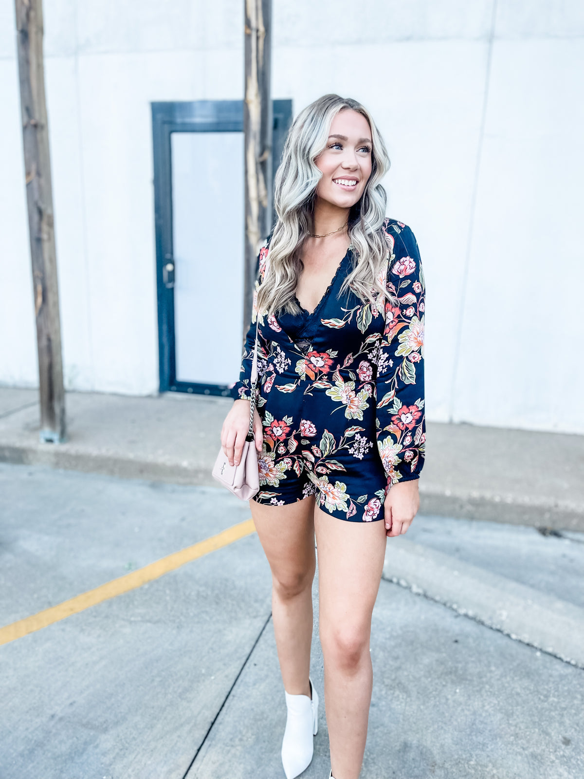 Deep V Long Sleeve Floral Romper
