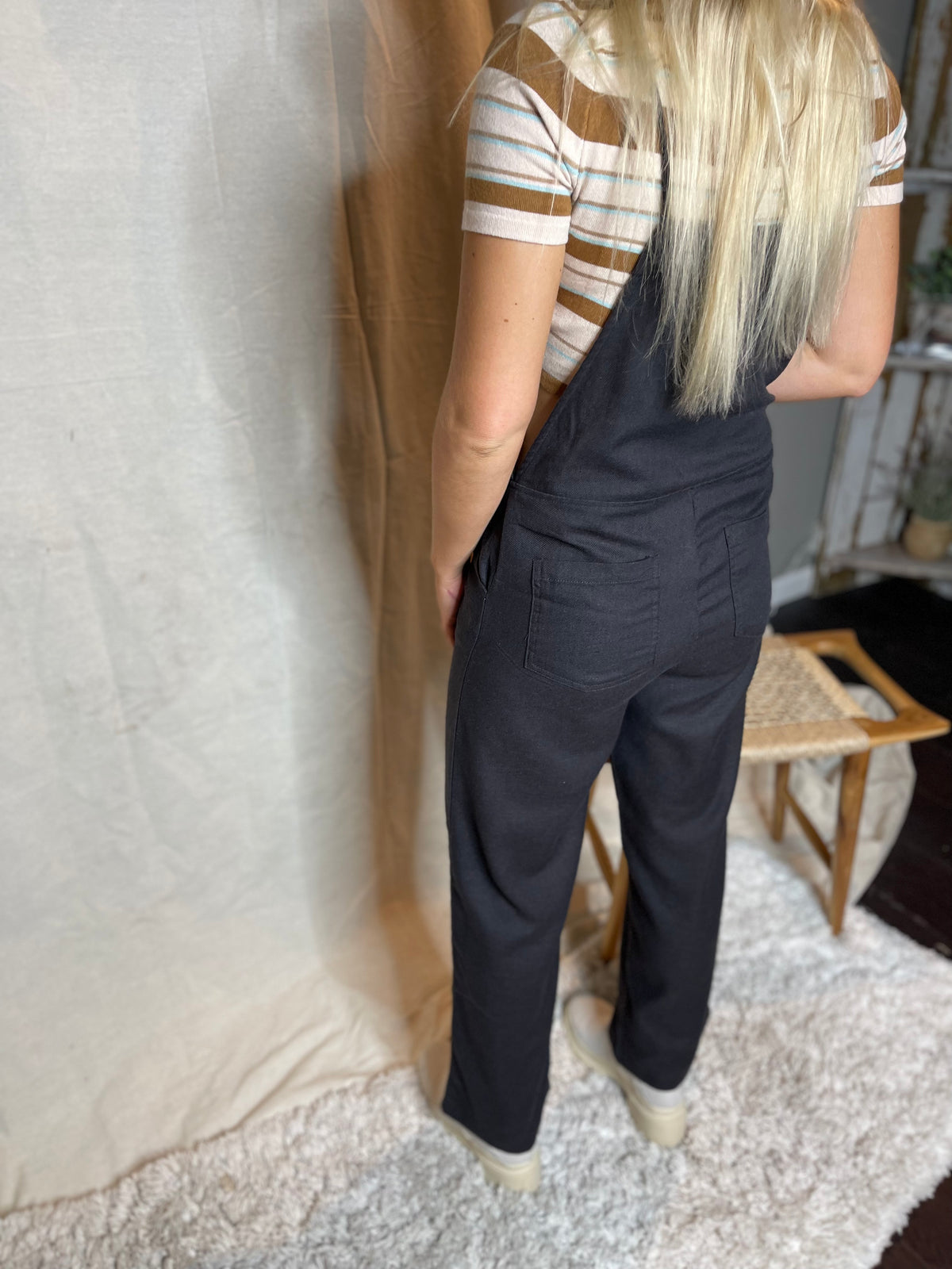 Black Woven Thin Strap Overalls