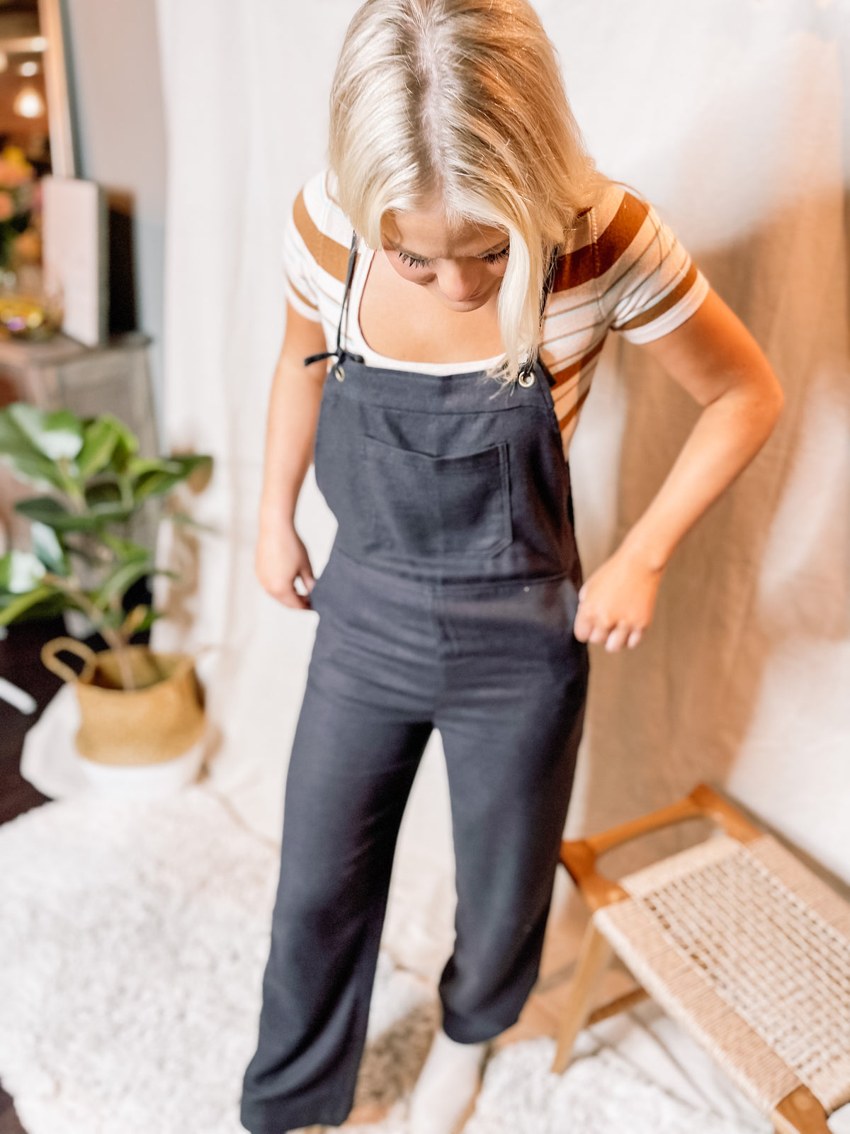 Black Woven Thin Strap Overalls