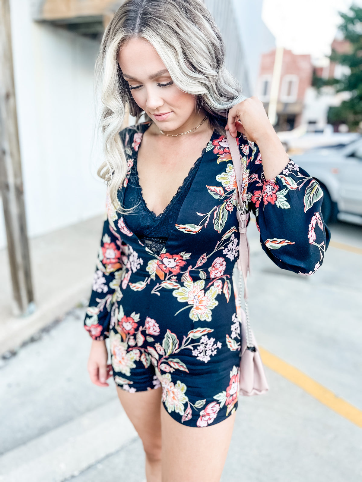 Deep V Long Sleeve Floral Romper