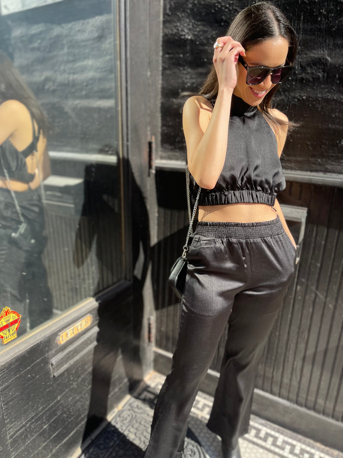 Black Satin Flared Pants