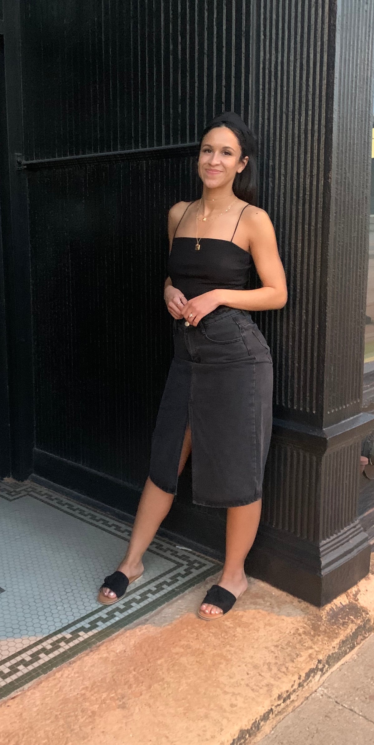 Denim Midi Pencil Skirt - Black