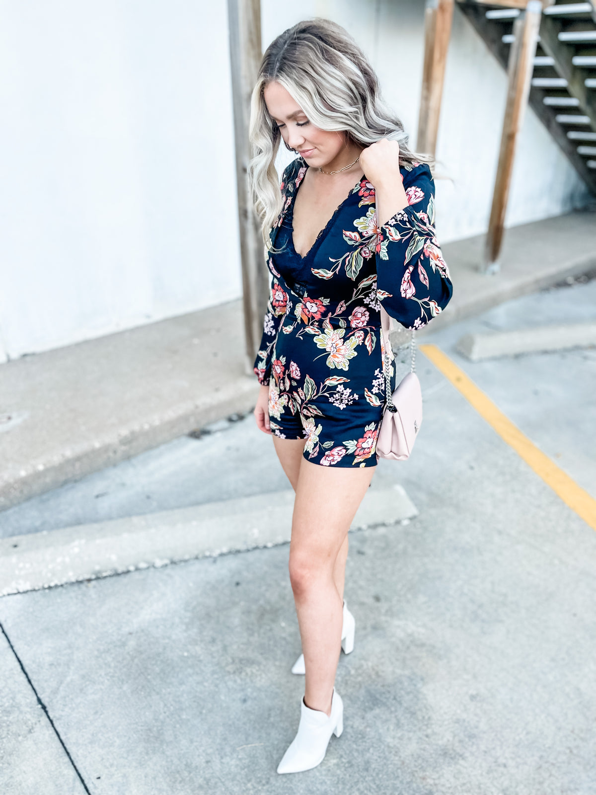 Deep V Long Sleeve Floral Romper