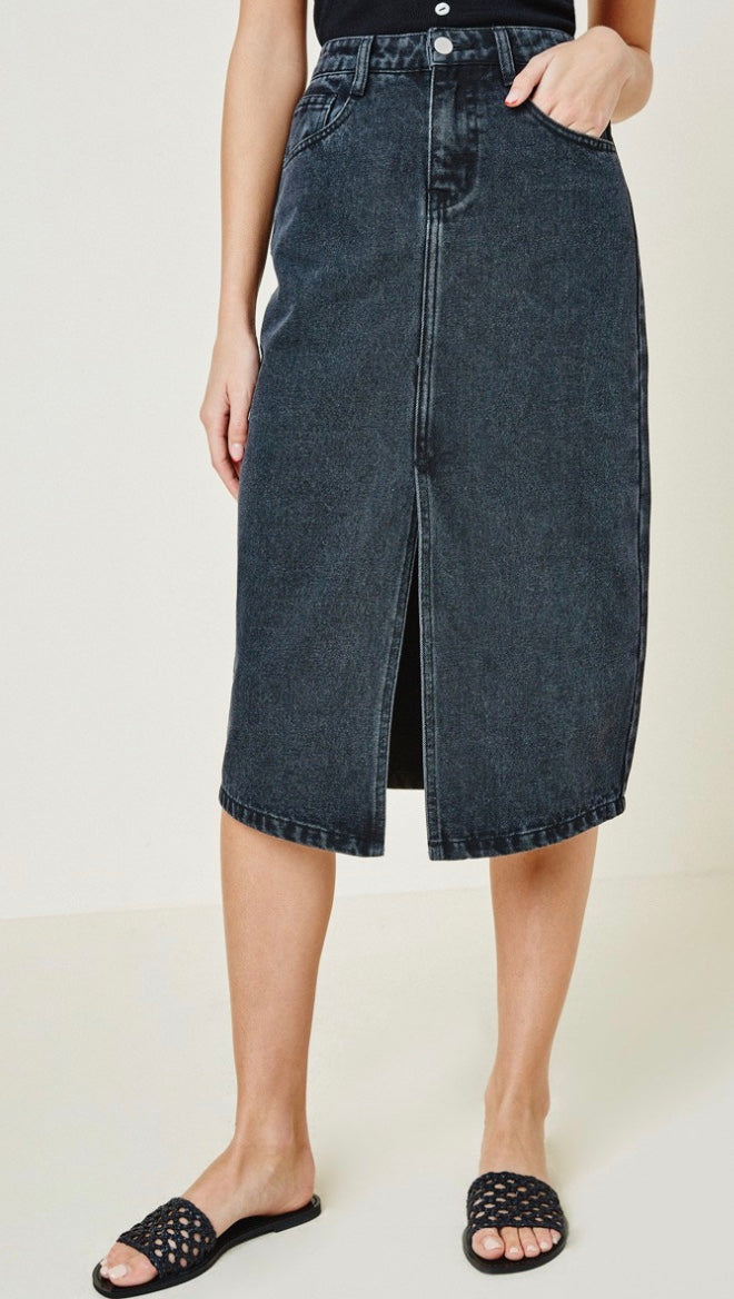 Denim Midi Pencil Skirt - Black