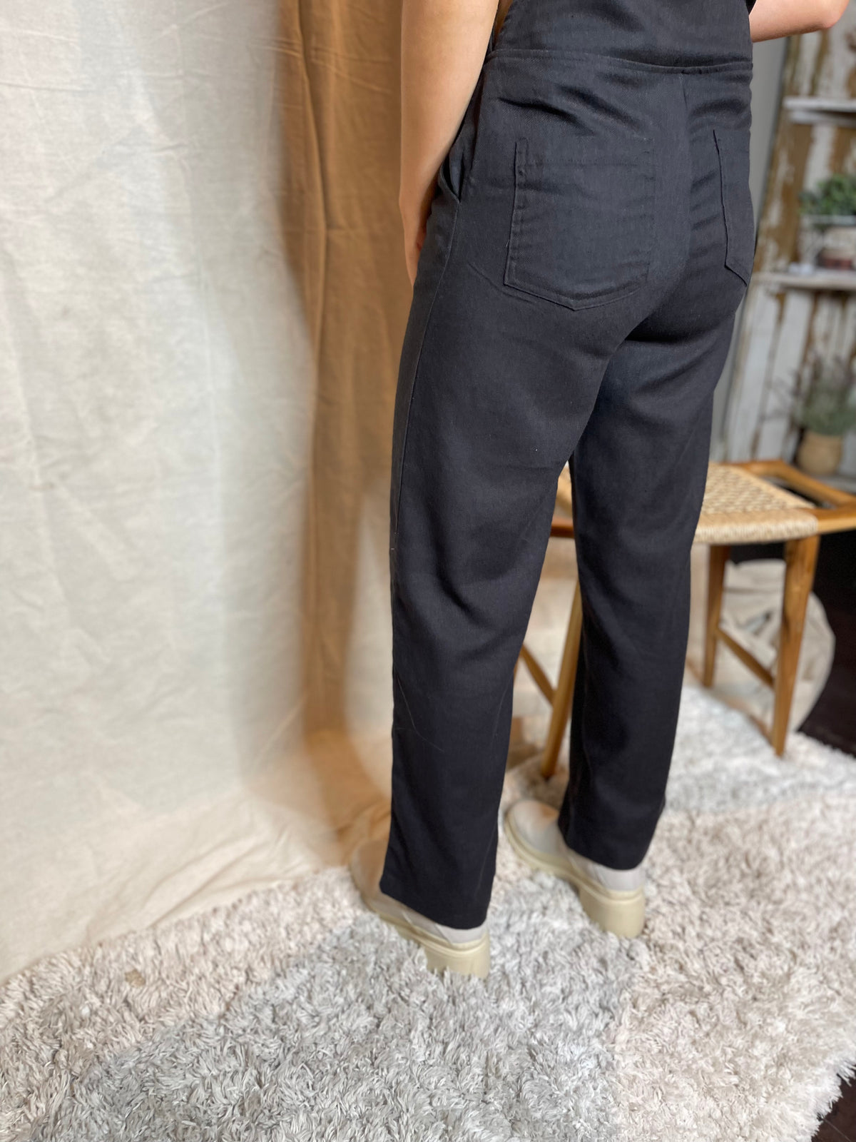Black Woven Thin Strap Overalls