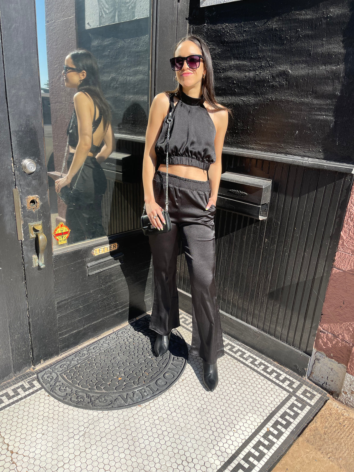Black Satin Open Back Halter Top