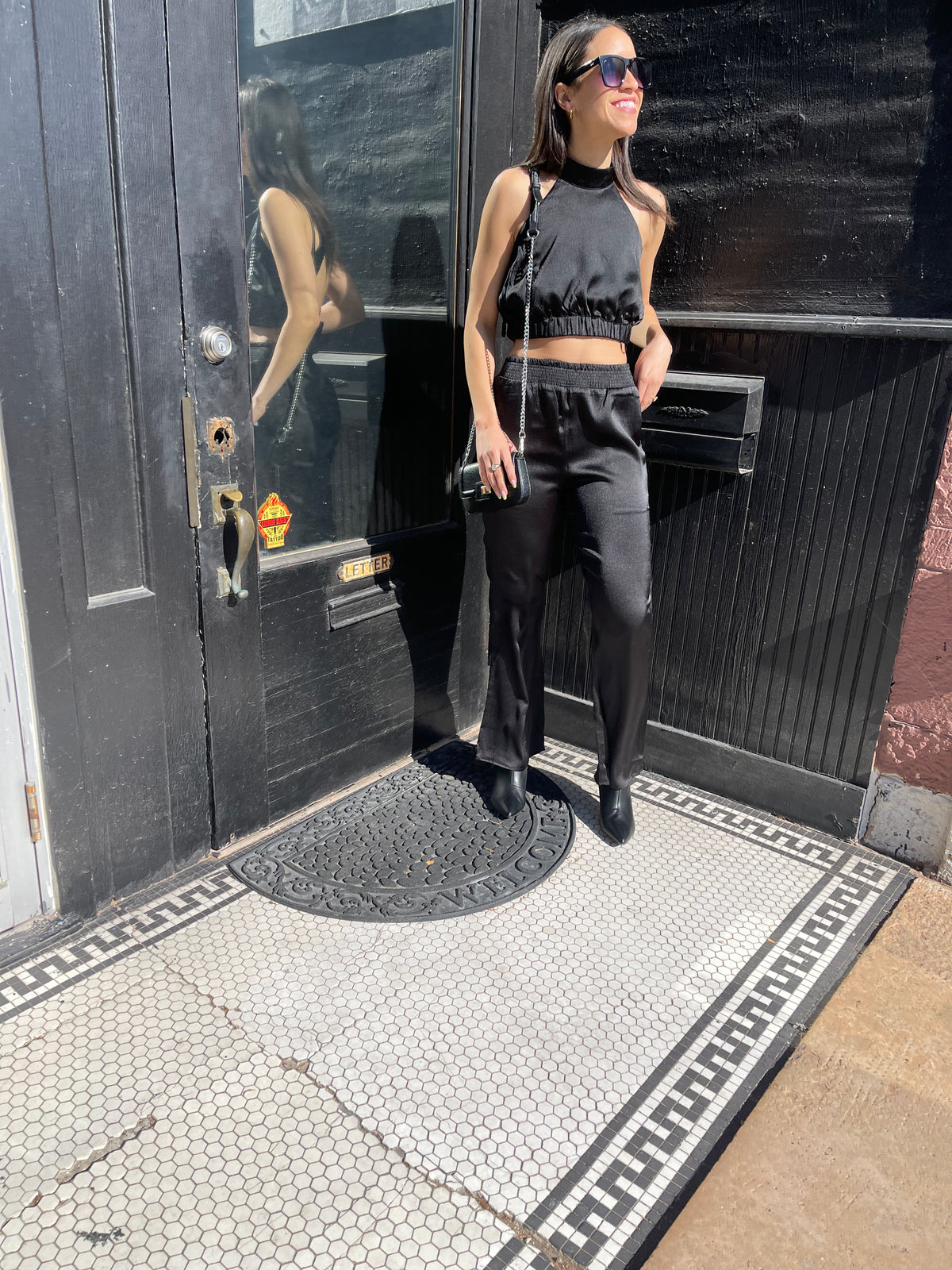 Black Satin Open Back Halter Top