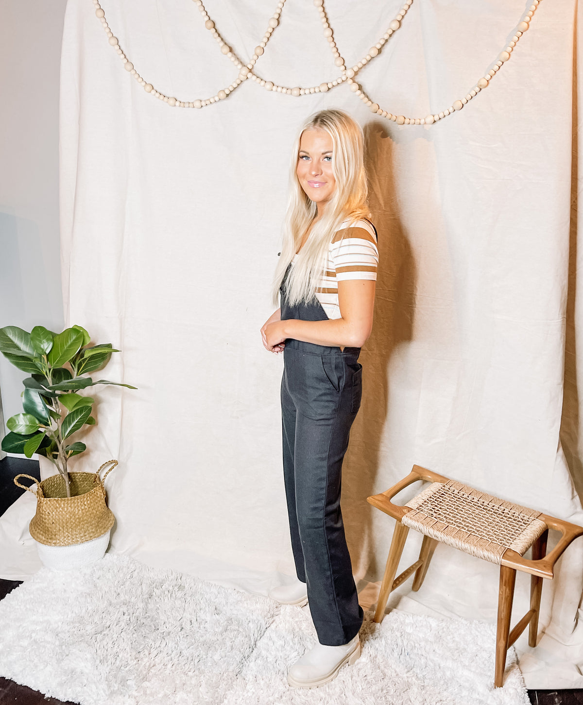 Black Woven Thin Strap Overalls