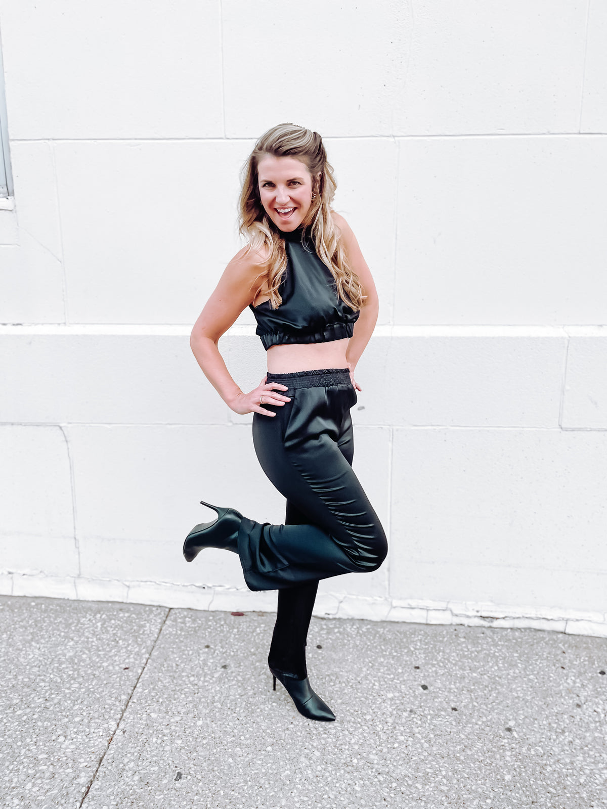 Black Satin Open Back Halter Top