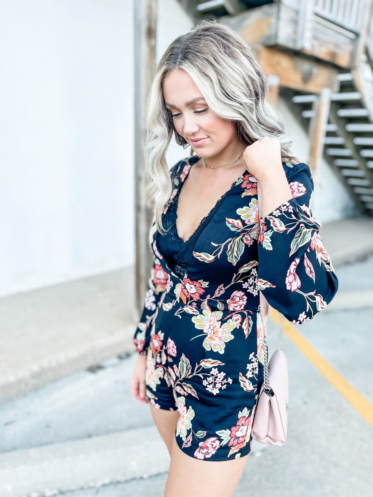 Deep V Long Sleeve Floral Romper