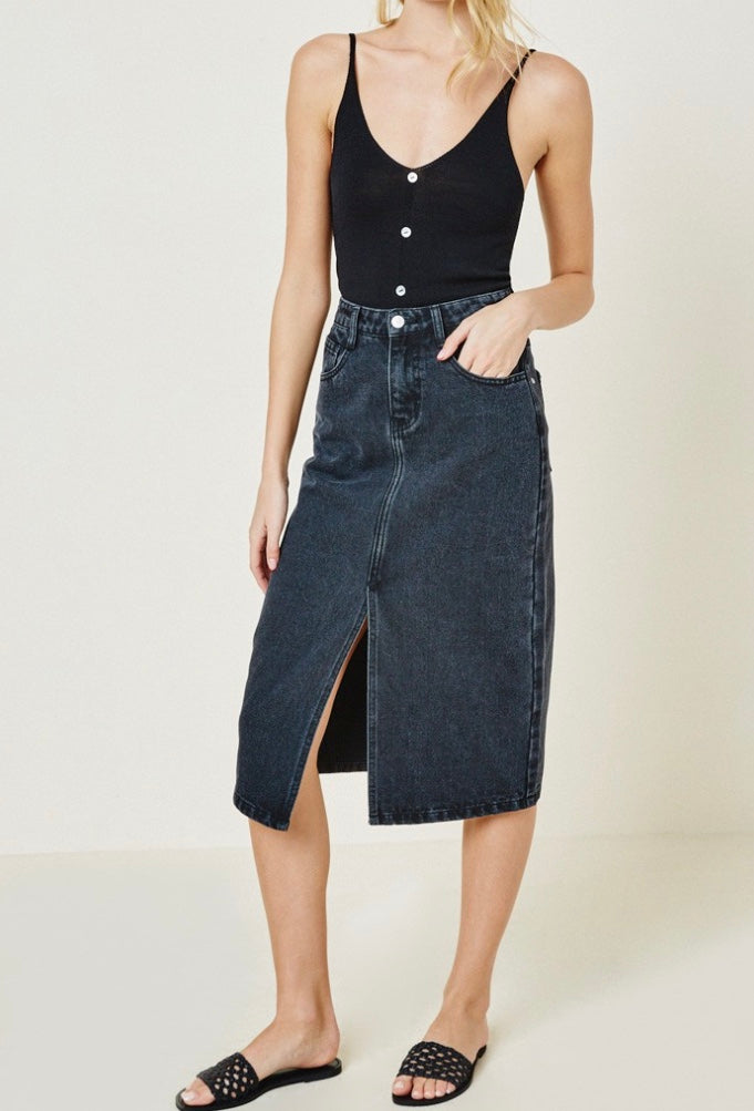 Denim Midi Pencil Skirt - Black