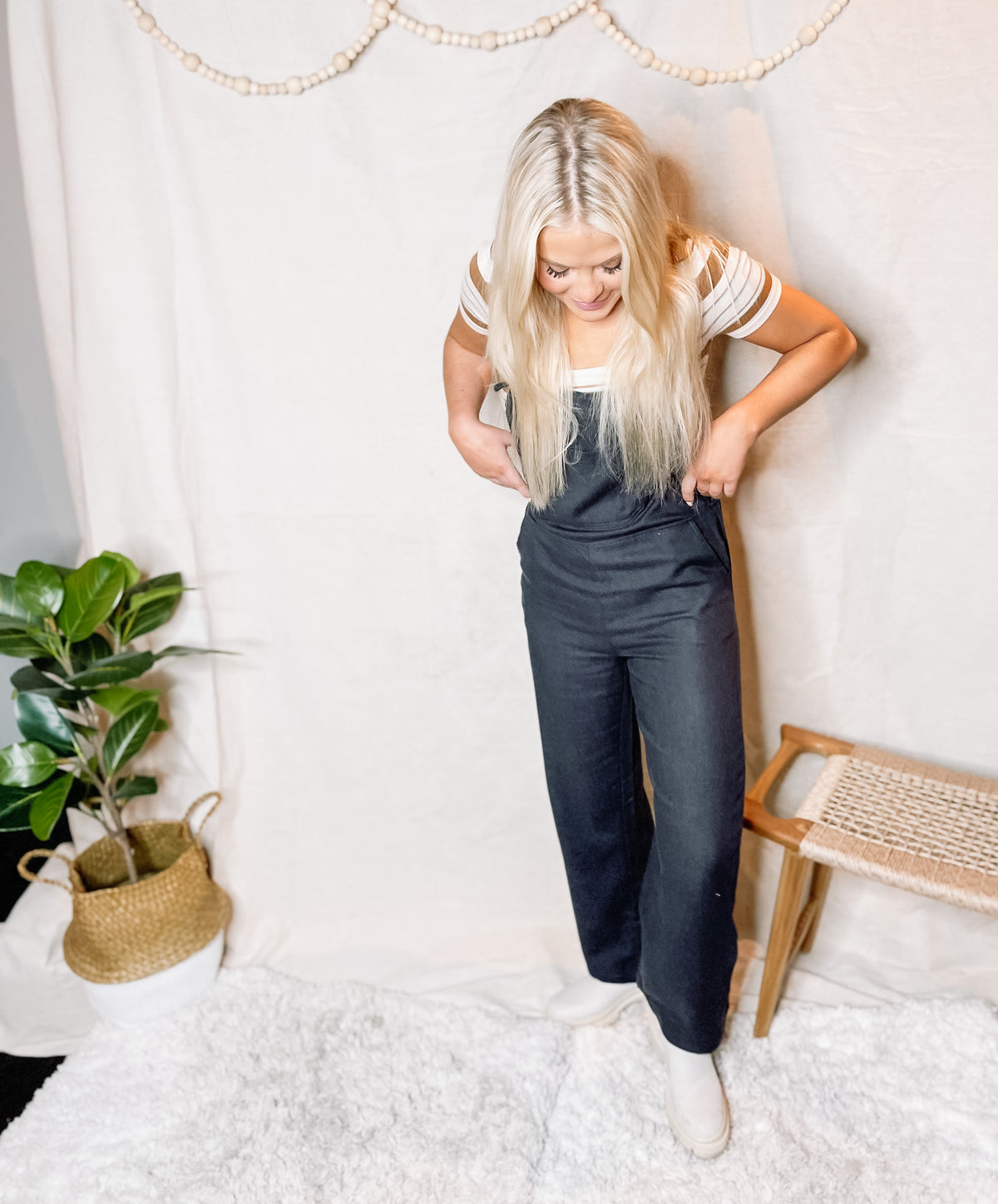 Black Woven Thin Strap Overalls