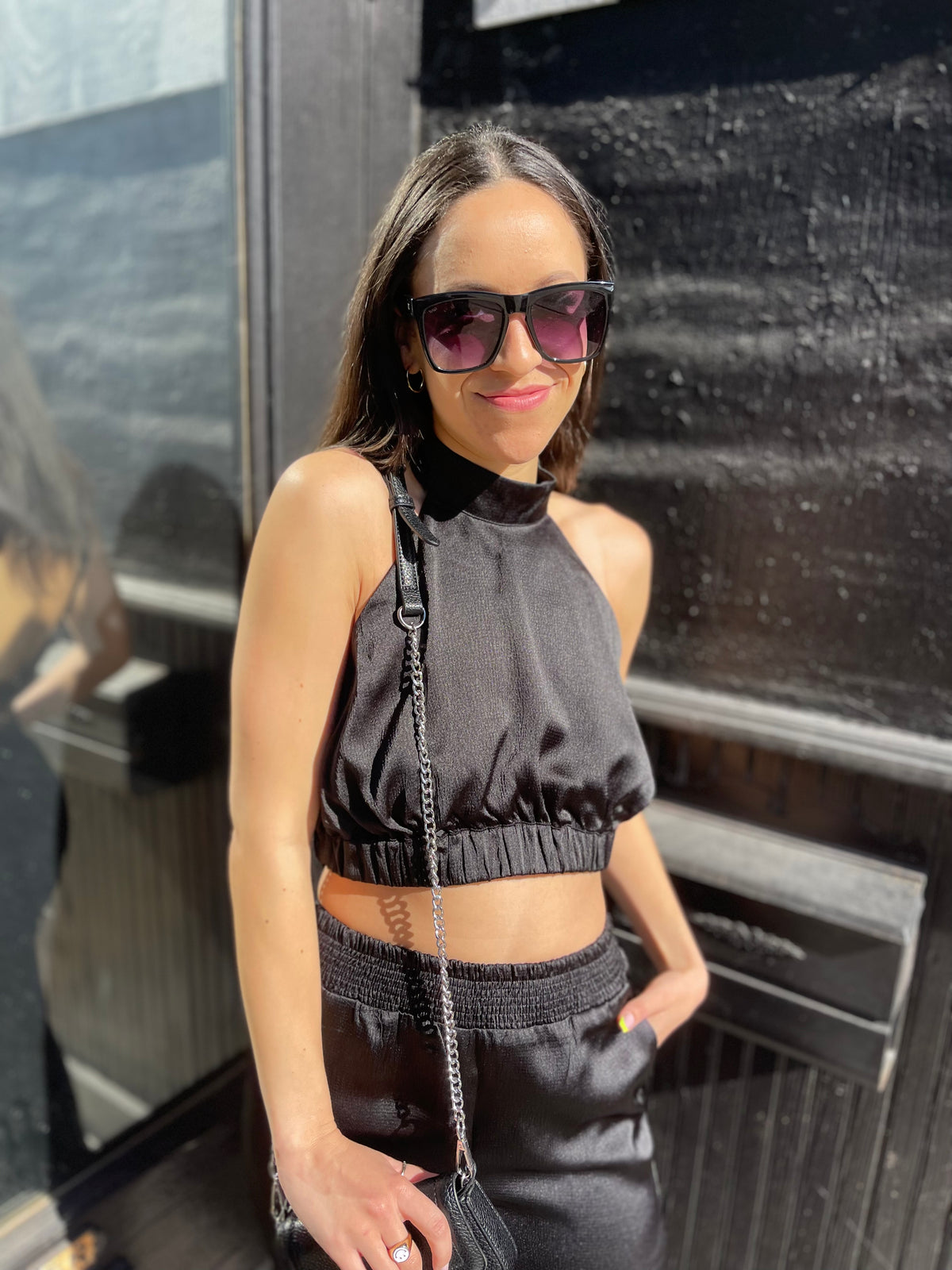 Black Satin Open Back Halter Top