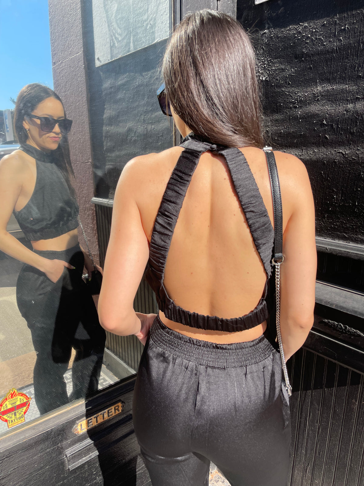 Black Satin Open Back Halter Top