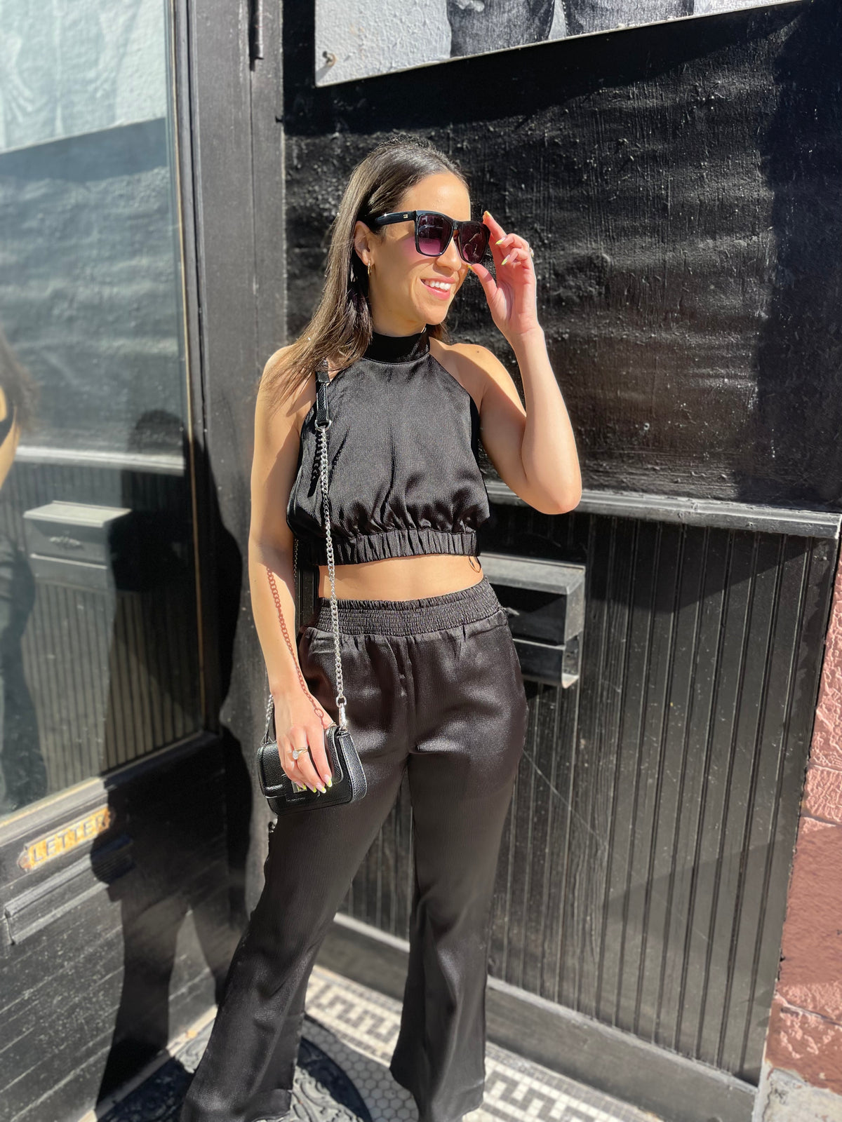 Black Satin Open Back Halter Top