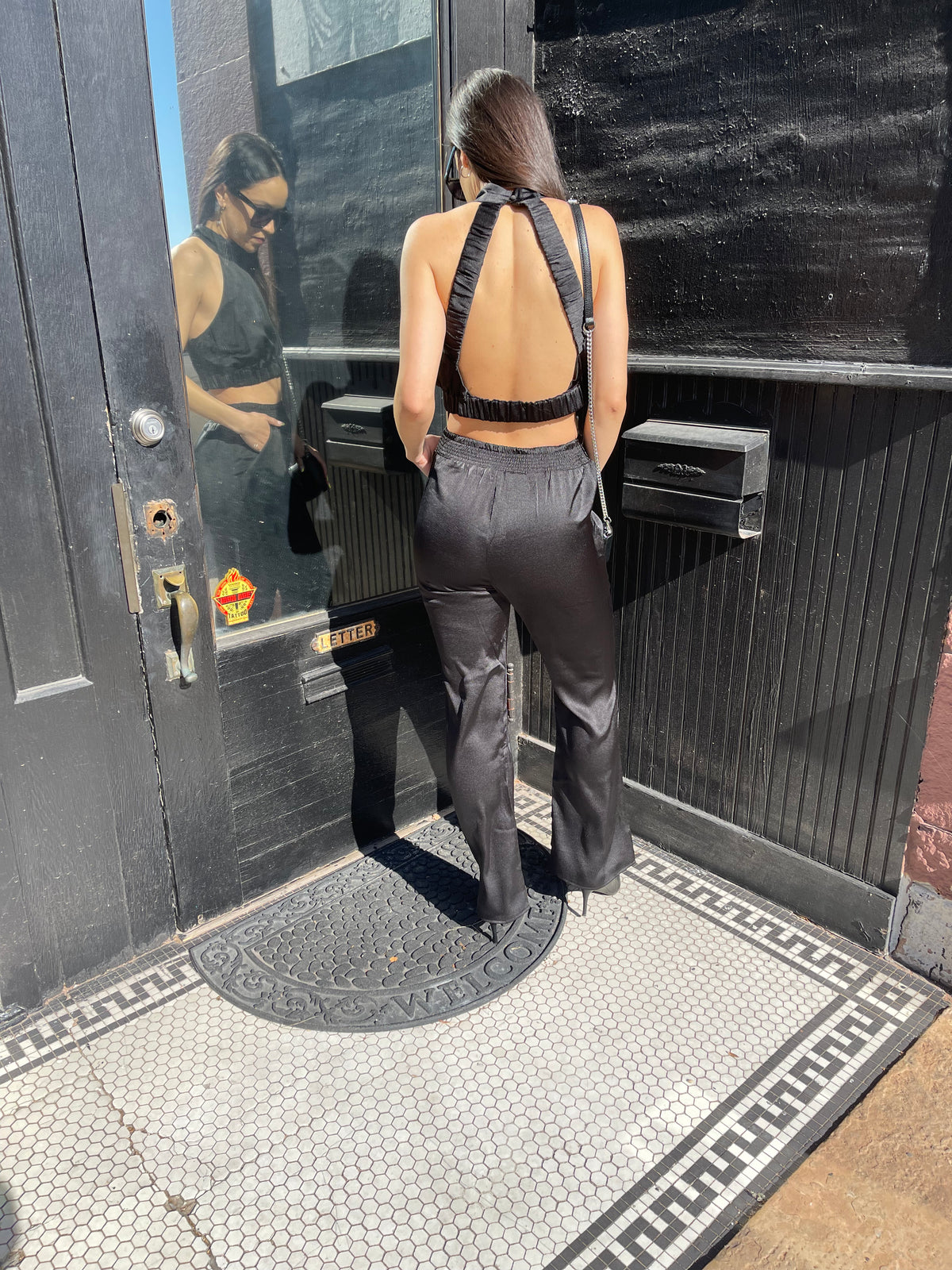 Black Satin Open Back Halter Top
