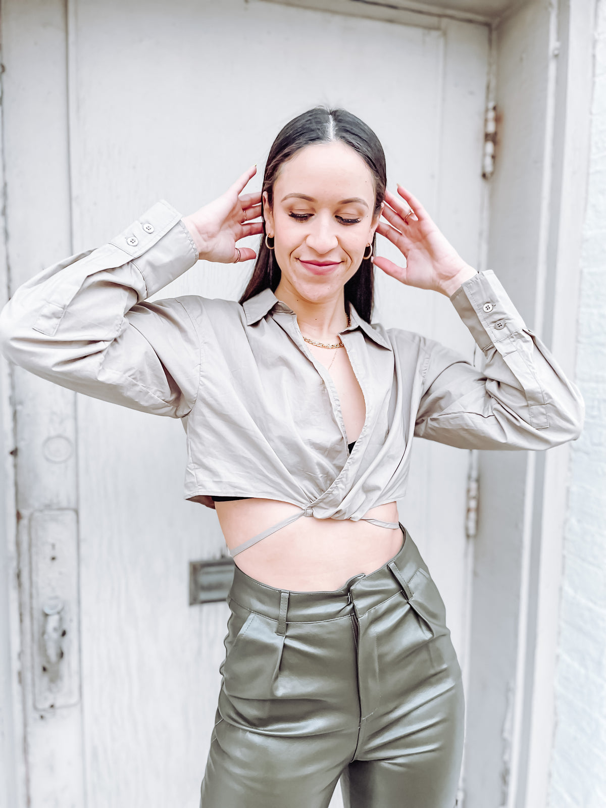 Long Sleeve Tie Front Crop Top