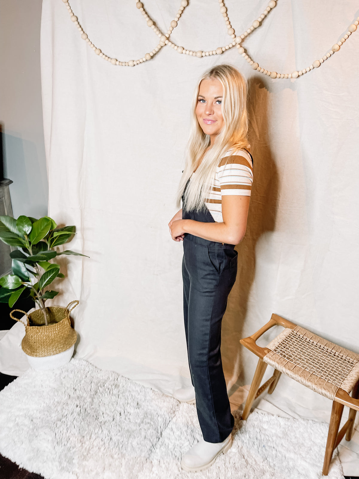 Black Woven Thin Strap Overalls