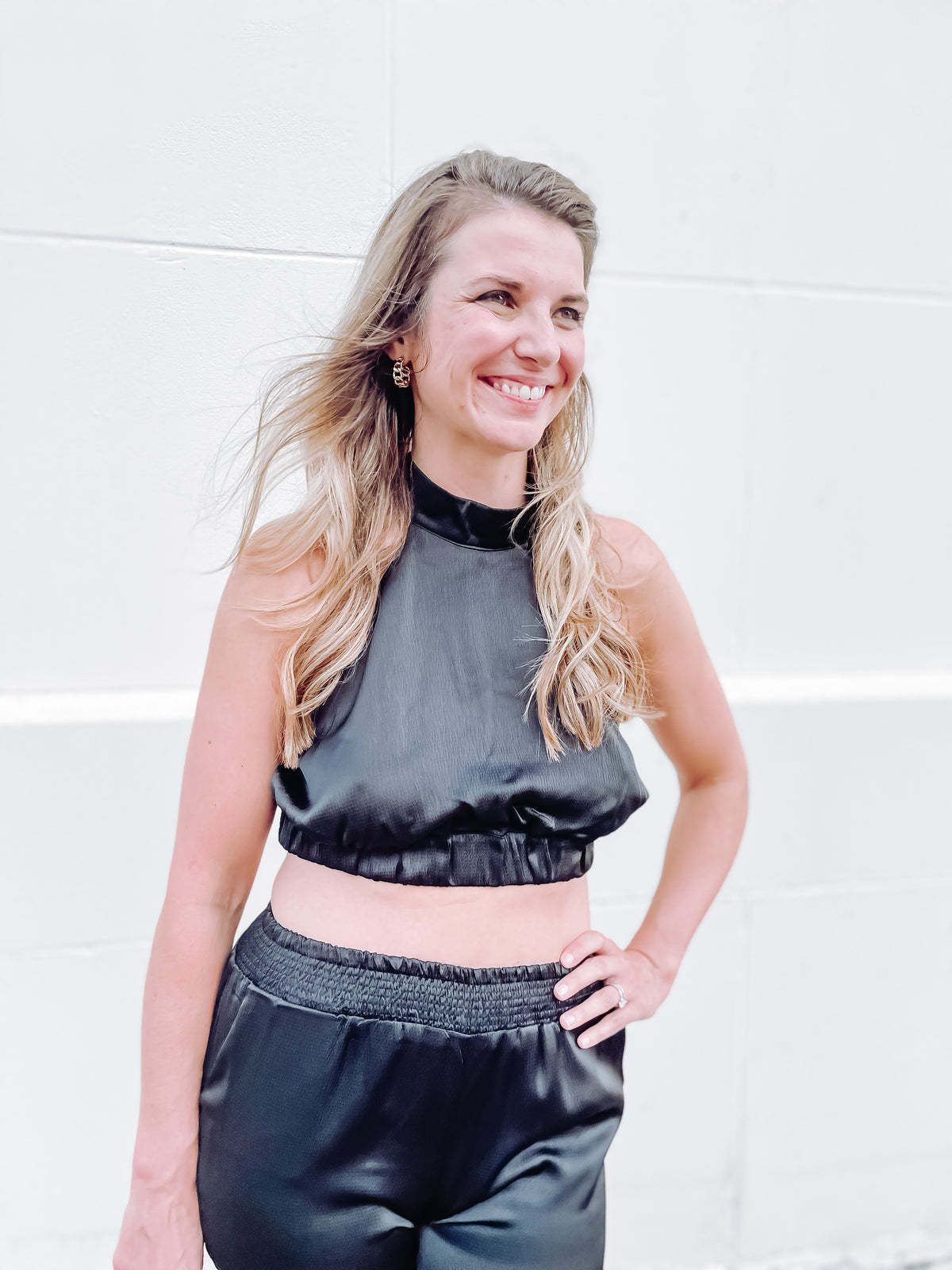 Black Satin Open Back Halter Top